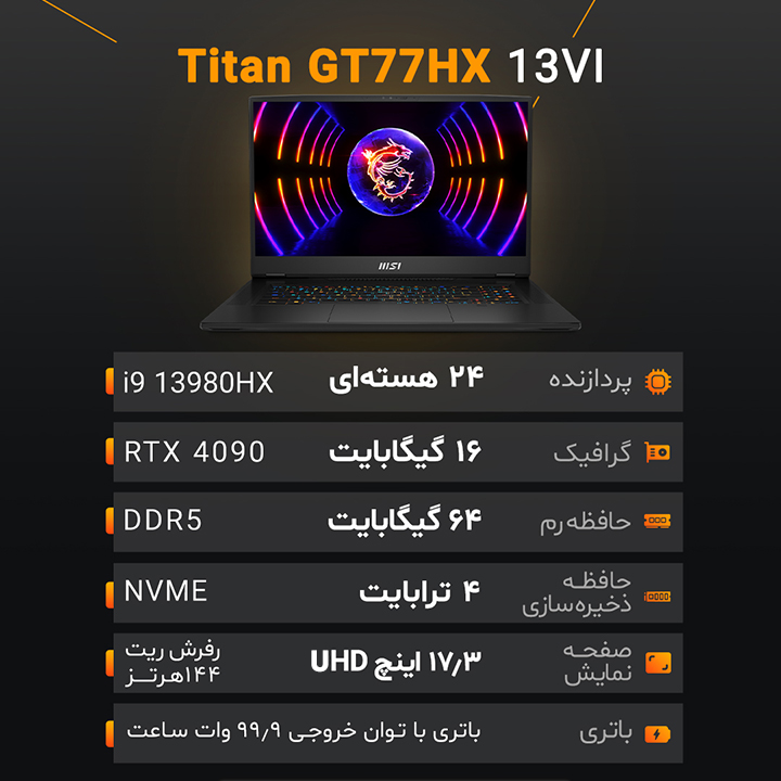 لپ تاپ گیمینگ 17.3 اینچ MSI مدل Titan GT77HX 13VI